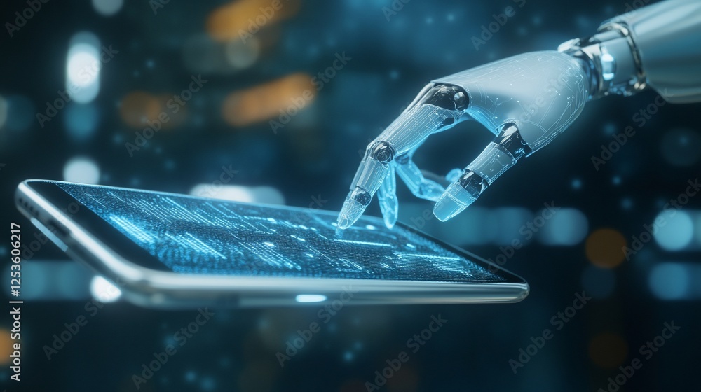 Poster futuristic robotic hand operating touch screen technology in dark setting