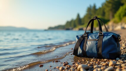 Travel Bag Mockup, Clear riverbank with photorealistic waterproof travel bag.