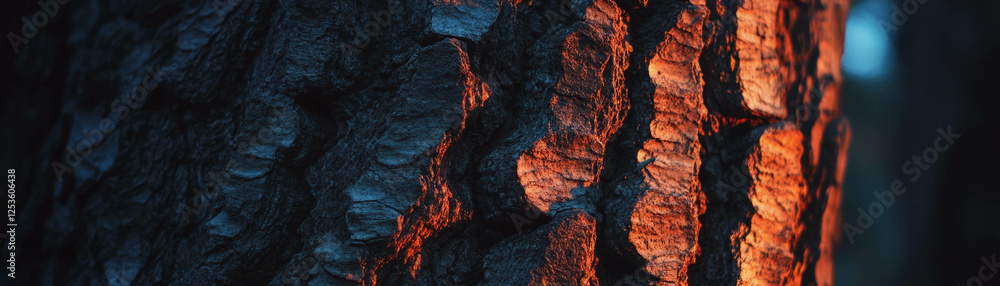 Aufkleber close-up of tree bark showcasing deep grooves with halftone texture and warm lighting
