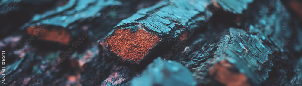 Poster close-up view of textured tree bark highlighting deep grooves and halftone effects