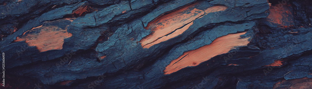 Poster close-up view of tree bark highlighting deep grooves and halftone texture nuances