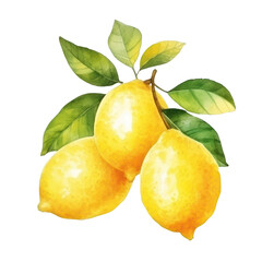 Watercolor lemon fruit on a transparent background, bright yellow hues and texture that convey brightness and freshness.