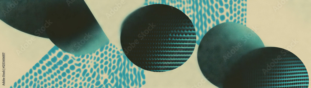 Poster Complex arrangement of overlapping geometric shapes with varied halftone textures