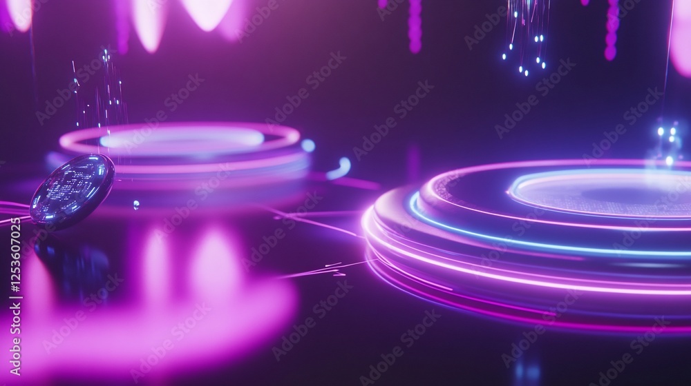 Poster abstract neon circles with floating chip in a futuristic setting with neon lights