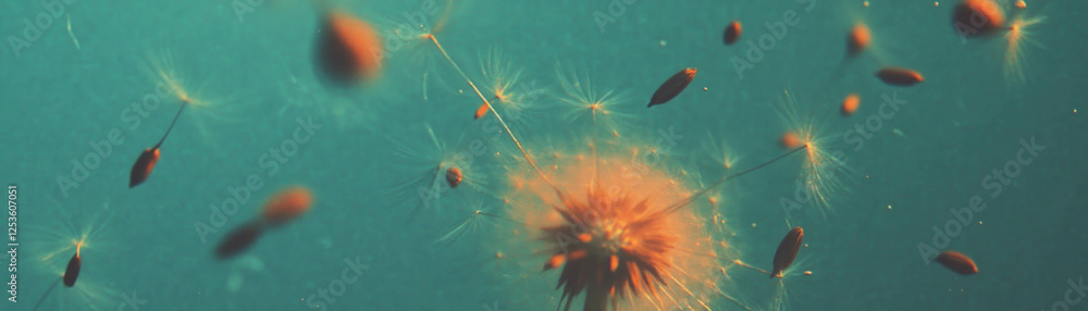 Aufkleber Dandelion seeds drifting softly against a textured background with halftone effects