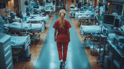 Fototapeta premium Nurse walking through a hospital ward, checking monitors and adjusting IV drips