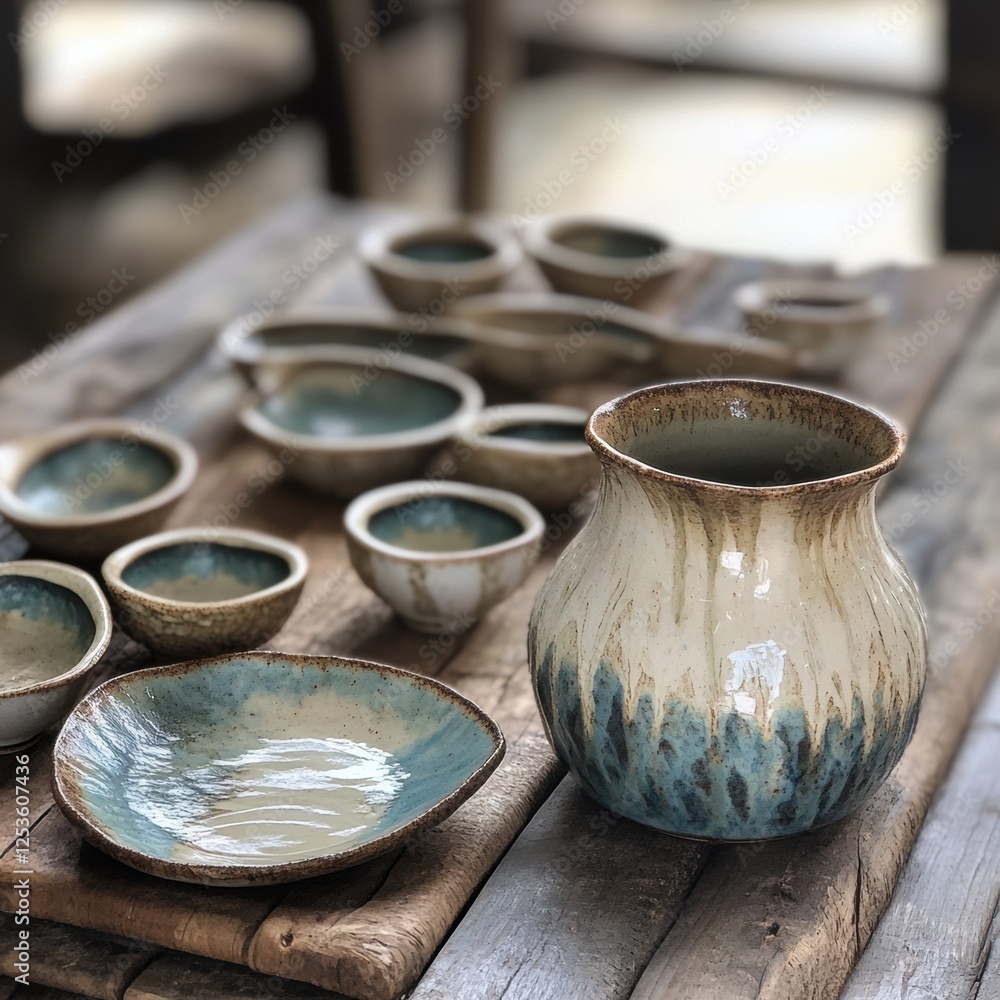 Poster unique handcrafted pottery collection displayed on a rustic wooden table showcasing intricate design