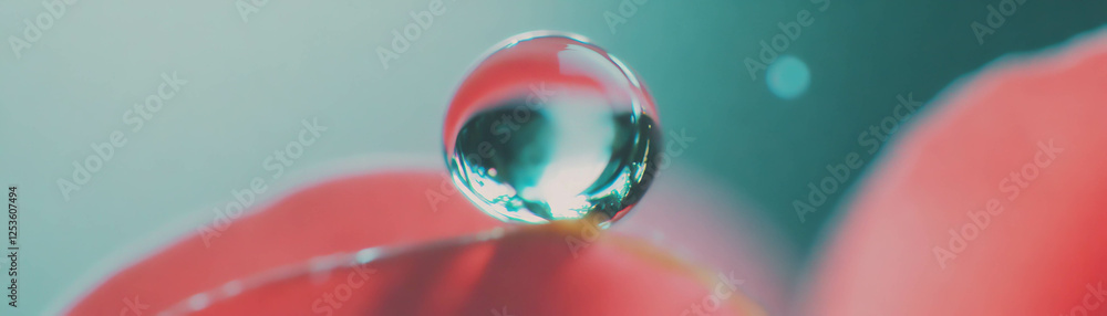 Poster reflection of a vibrant flower in a water droplet on a soft background