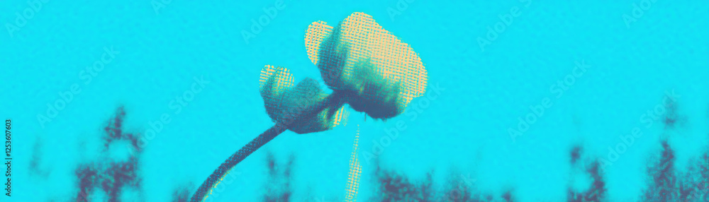 Poster halftone texture of a flower with a curved stem and drooping head against a grunge background