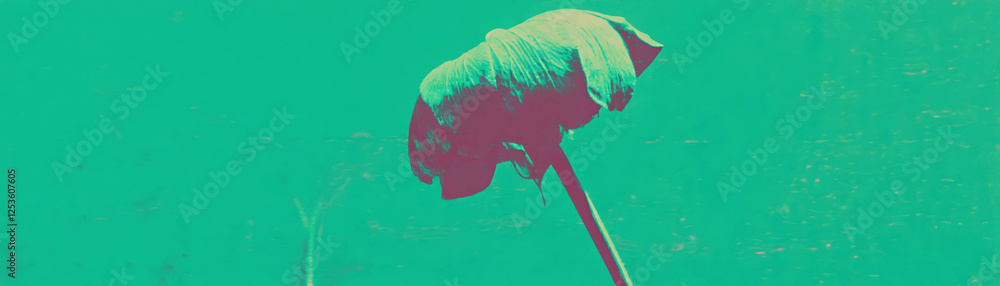 Poster halftone textured flower with a curved stem and drooping head on a grunge background