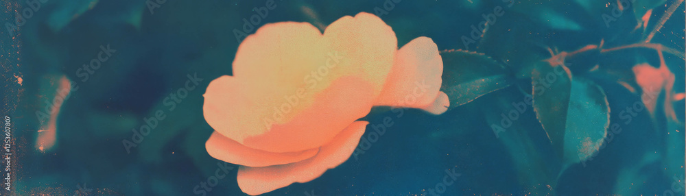 Poster halftone texture of a delicate flower with visible veins and textured leaves on grunge background