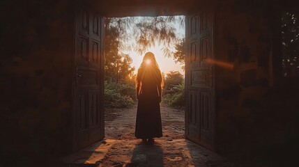 Silhouette of a Woman Standing in an Open Doorway Framed by Sunset and Lush Nature Outdoors
