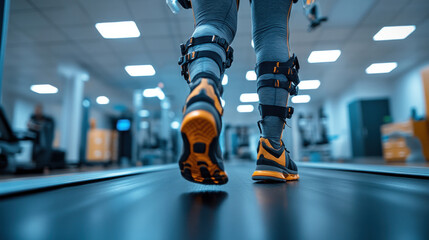 Physical therapy session with a patient walking on a treadmill with a harness for support