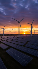 Renewable Energy Dawn: Wind Turbines & Solar Panels at Sunset - Sustainable Power, Clean Energy Future