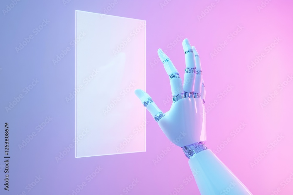 Poster futuristic robot hand interacts with holographic display in vibrant studio