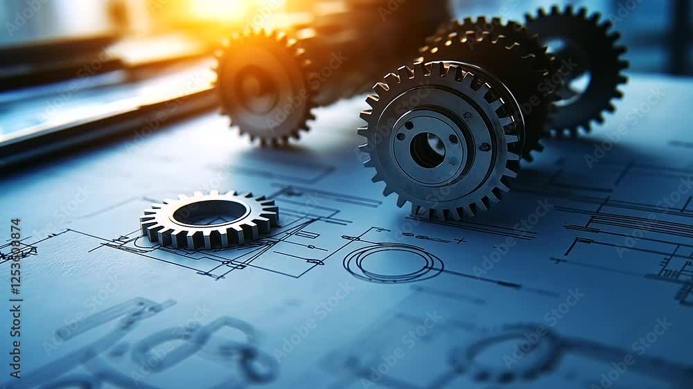 Poster a close-up of a technical drawing board displaying a precise schematic of interconnected gears, with