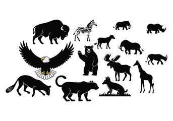 A crisp silhouette vector illustration showcasing mountain animals mountain goat, bighorn sheep, lynx, marmot, eagle, pica, snow leopard, and grizzly