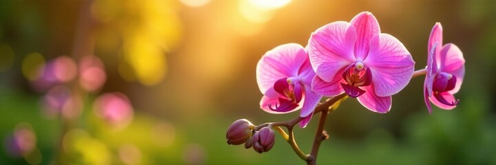 Obraz premium Pink orchid blooms in a sunny garden with warm light, sunshine, greenery, flowers