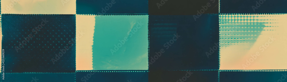 Poster Distorted squares grid with halftone dot patterns and grunge texture background