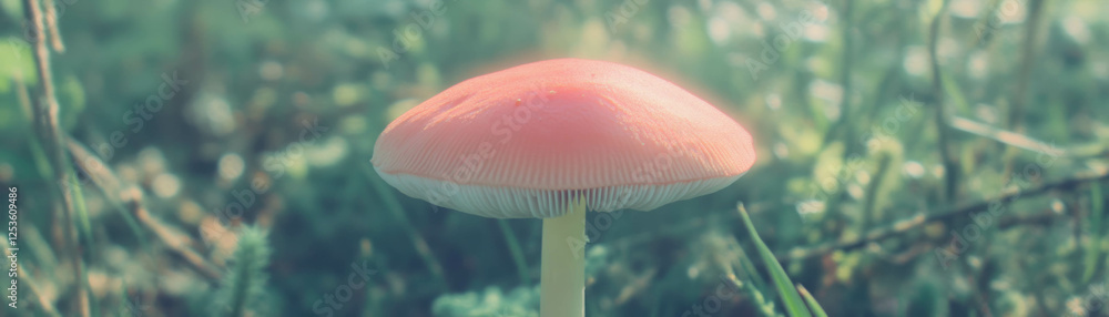 Poster mushroom with textured cap and stem displayed against a halftone grunge background
