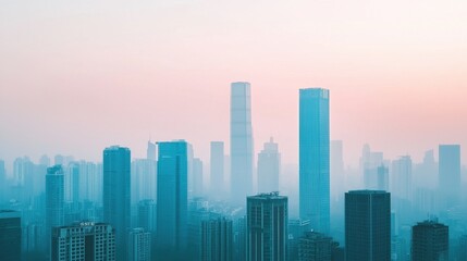 Fototapeta premium Urban Skyline at Sunrise with Mist and Soft Pastel Colors