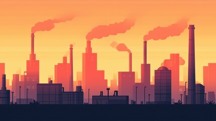 Obraz premium Industrial Skyline at Sunset with Smoke and Urban Outline