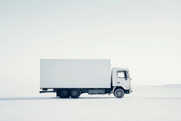 White Truck on Snowy Plain, Blank Cargo Space, Empty Road