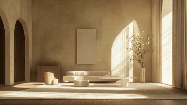 Clean modern living area with soft beige tones, wooden flooring, arched paneling, and minimalist furniture, illuminated by natural ligh