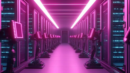 A futuristic data center corridor illuminated with pink lights and lined with high-tech servers and robotic monitors.