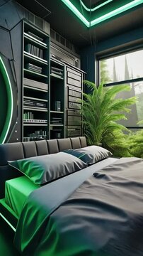 Vertical Video A cyberpunk-inspired bedroom with neon LED strips outlining the furniture, a glowing infinity mirror, and a dramatic contrast with natural greenery outside