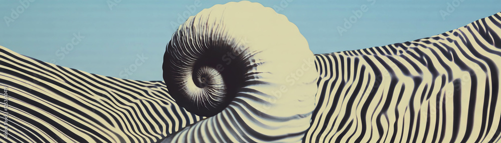 Poster halftone texture of a spiral seashell on a grunge background with artistic design