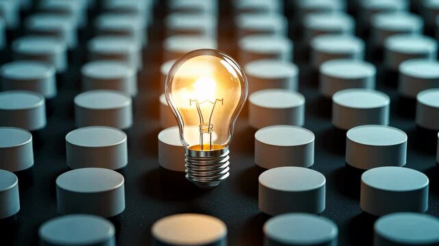 A glowing light bulb stands out among numerous circular shapes, symbolizing ideas and innovation against a minimalist backdrop.