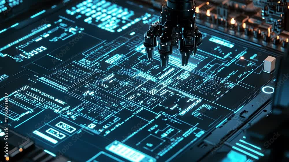 Poster robotic hand with metallic fingers is touching a futuristic glowing blue interface, potentially cont