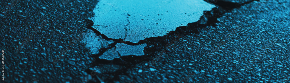 Aufkleber close-up view of textured asphalt section revealing cracks and halftone pattern details