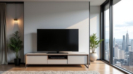 TV Mockup with Gaming Console, Penthouse with skyline view TV setup