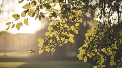 The sun's rays diffused through the tree foliage create a warm summer atmosphere. The soft effect of the side lantern with lighting.