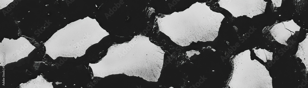 Poster Dry cracked mud texture with halftone pattern captured from above during bright daylight