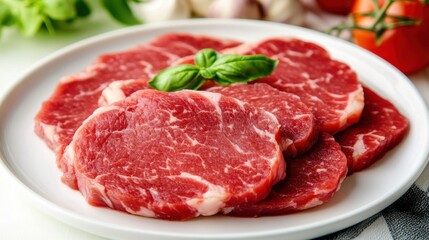 Premium Raw Meat Slices Perfectly Arranged on Clean White Plate for Gourmet Cooking