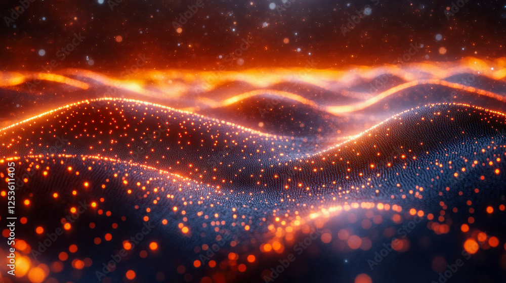 Poster a surreal representation of digital neural waves glowing in an orange grid, symbolizing artificial i
