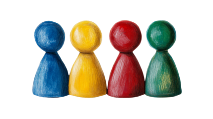 Four game pieces, colorful wooden tokens, tabletop gaming components
