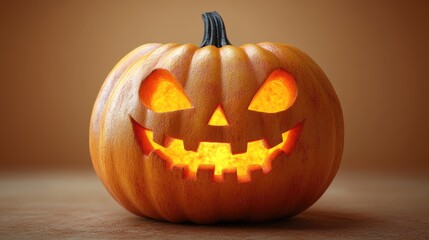 A carved Halloween pumpkin glowing with a mischievous face.