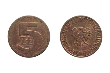 Coin 5 Zlotys 1976. Coin of Poland. Coin 5 Zlotys 1976 Obverse and Reverse on white background