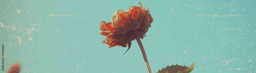 Poster a single dried flower features brittle petals and a textured stem set against a grunge background