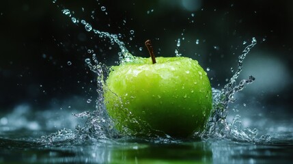 Refreshing Green Apple Splash: Symbol of Vitality and Health in Dark Green Background