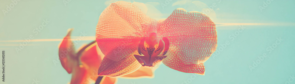 Poster intricate halftone texture of a single orchid showcasing unique petal formation in grunge style