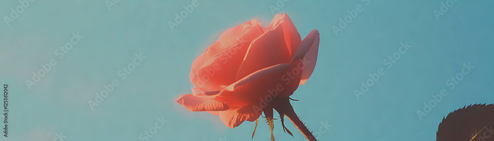 Poster single rose with closed petals and textured stem with halftone effect in grunge style