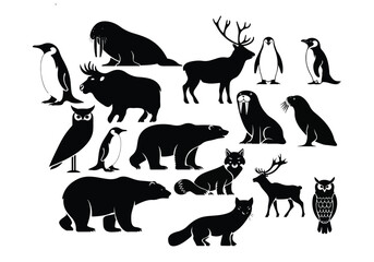 A crisp, contemporary silhouette vector on a white background depicting arctic animals polar bear, penguin, seal, walrus, arctic fox, snowy owl, reindeer, and muskox