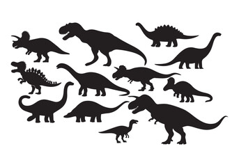 A minimalist vector illustration of prehistoric animals in silhouette on a white background. The animals are a Tyrannosaurus rex, Triceratops, Stegosaurus, Velociraptor, Pterodactyl