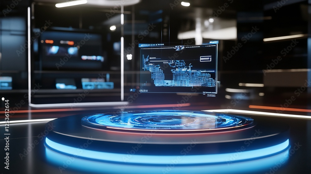 Poster futuristic technology display with illuminated platform and holographic screen