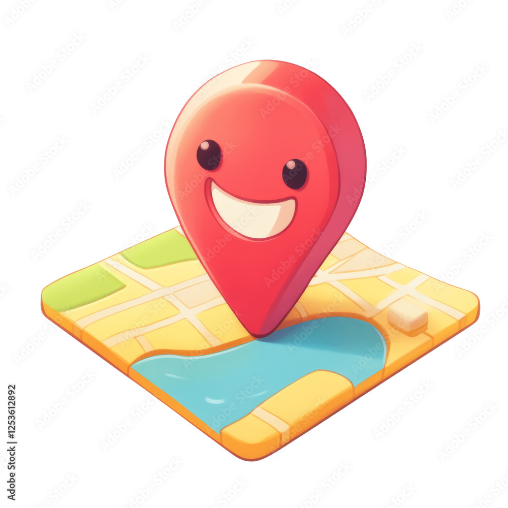 Poster cheerful navigation, smiling map pin icon on a vibrant stylized map